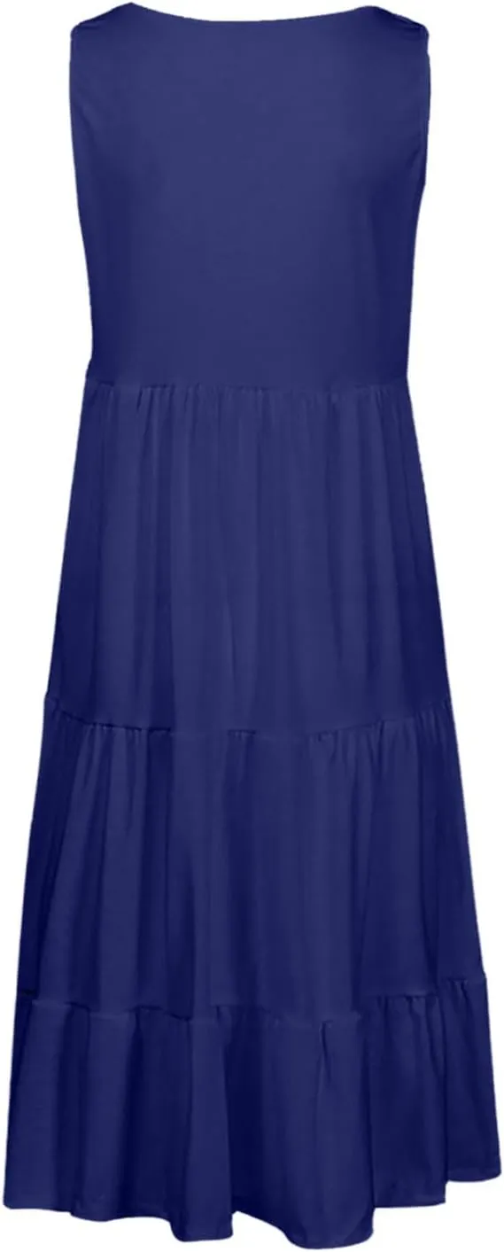 Womens Summer Dresses Round Neck Tank Tiered Flowy Midi Dress A Line Babydoll Casual Sleeveless Plus Size Sundress