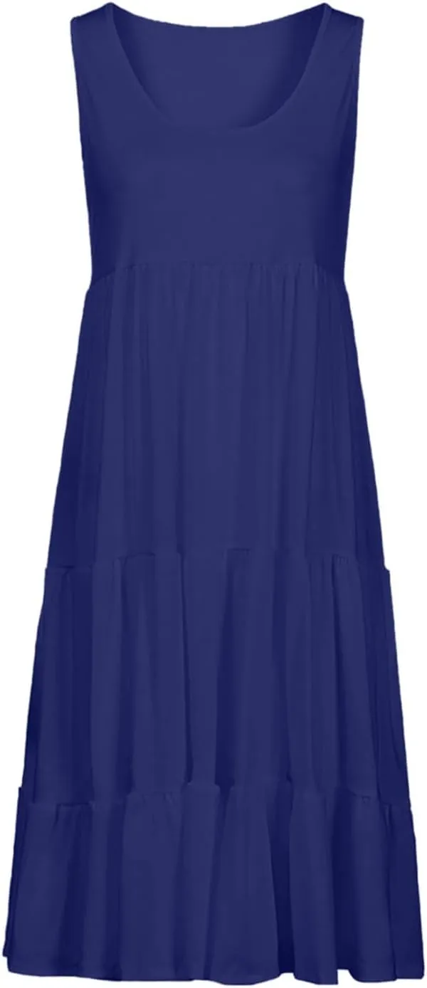 Womens Summer Dresses Round Neck Tank Tiered Flowy Midi Dress A Line Babydoll Casual Sleeveless Plus Size Sundress