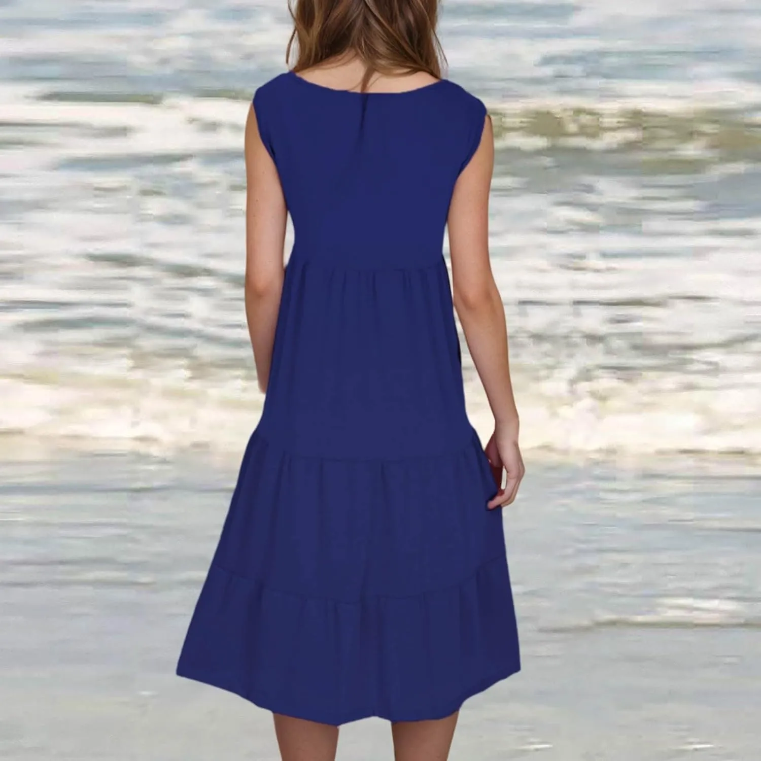 Womens Summer Dresses Round Neck Tank Tiered Flowy Midi Dress A Line Babydoll Casual Sleeveless Plus Size Sundress