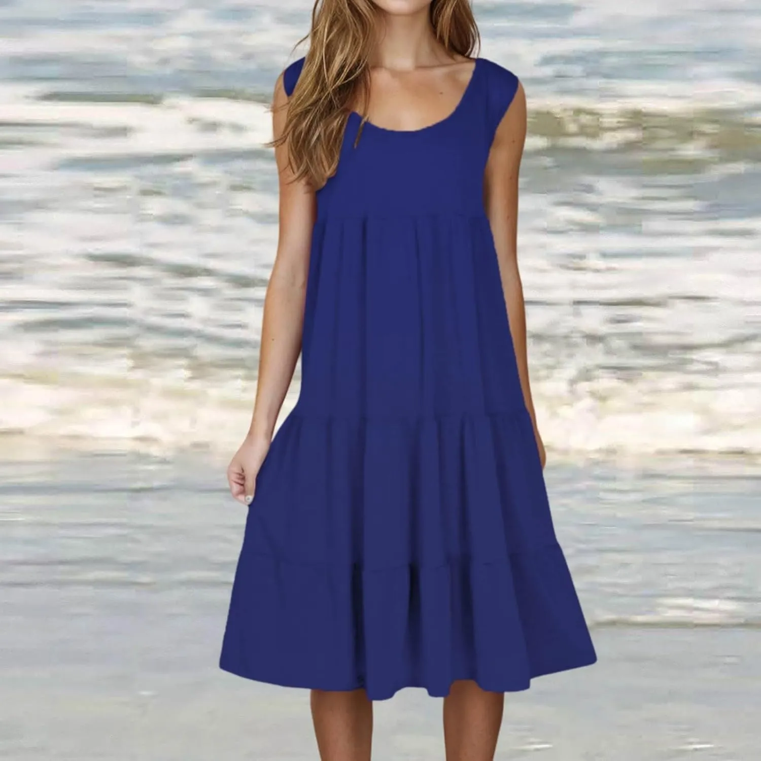 Womens Summer Dresses Round Neck Tank Tiered Flowy Midi Dress A Line Babydoll Casual Sleeveless Plus Size Sundress