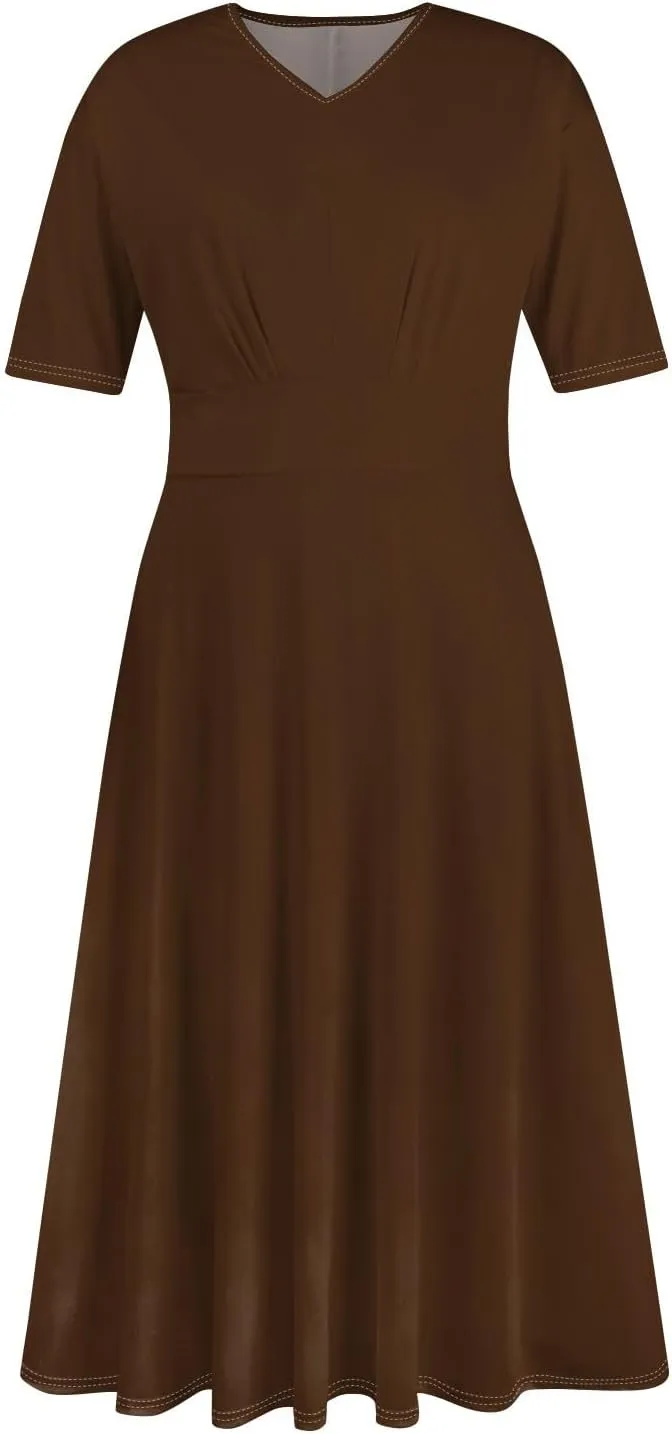Womens Summer Dresses Summer Casual V-Neck Short Sleeve Dress Aline Beach Tshirt Dress Flowy Solid Color Midi Dresses