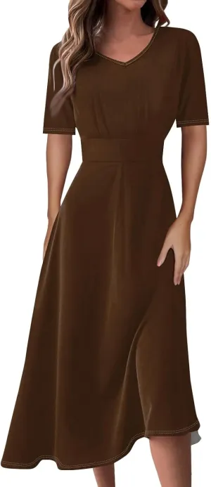 Womens Summer Dresses Summer Casual V-Neck Short Sleeve Dress Aline Beach Tshirt Dress Flowy Solid Color Midi Dresses