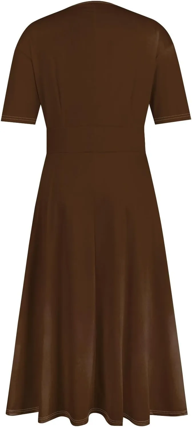 Womens Summer Dresses Summer Casual V-Neck Short Sleeve Dress Aline Beach Tshirt Dress Flowy Solid Color Midi Dresses
