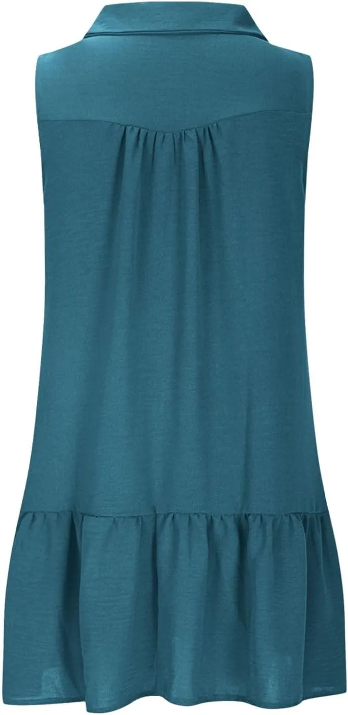 Womens Summer Mini Dresses Sleeveless Button V Neck Ruffle Flowy Tiered Boho Dress Casual Beach Vacation Sundress
