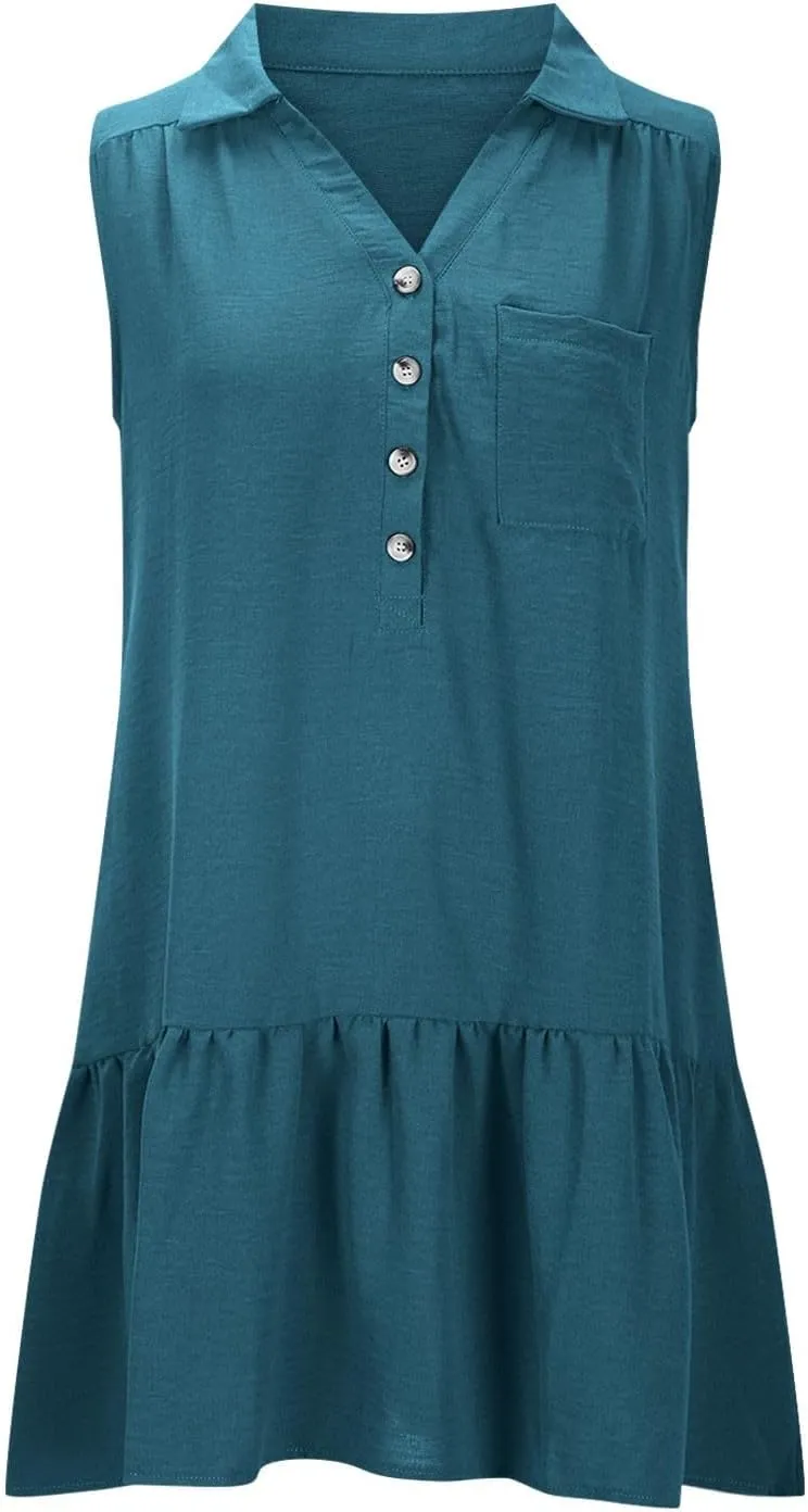 Womens Summer Mini Dresses Sleeveless Button V Neck Ruffle Flowy Tiered Boho Dress Casual Beach Vacation Sundress