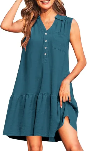 Womens Summer Mini Dresses Sleeveless Button V Neck Ruffle Flowy Tiered Boho Dress Casual Beach Vacation Sundress
