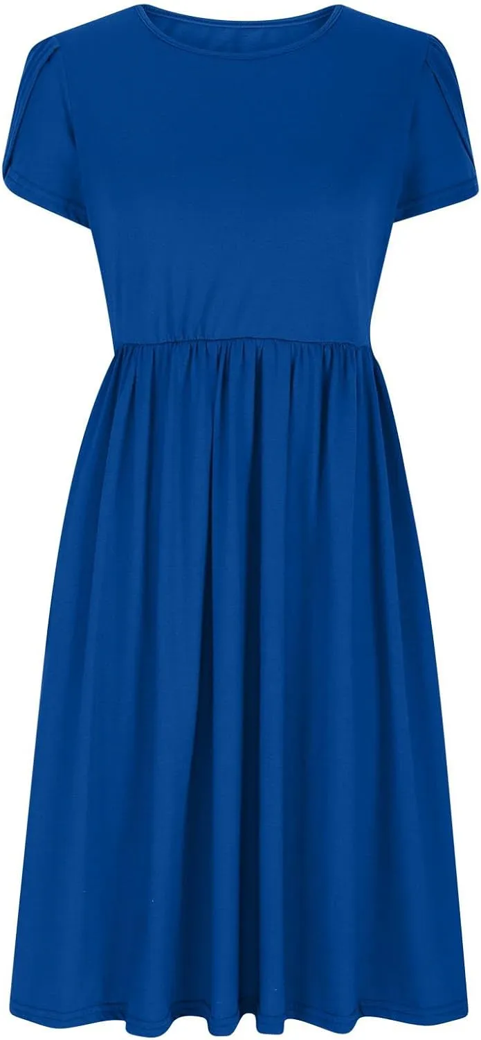 Women's Summer Short Sleeve A-Line Midi Dresses Casual Plain T-Shirt Dress Trendy Flowy Beach Sundress with Pockets