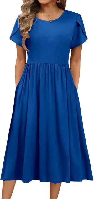 Women's Summer Short Sleeve A-Line Midi Dresses Casual Plain T-Shirt Dress Trendy Flowy Beach Sundress with Pockets