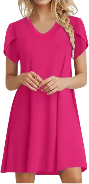 Women's Summer V Neck Mini Dresses 2025 Casual Petal Short Sleeve Flowy Dress Trendy Loose Beach Holiday Dress