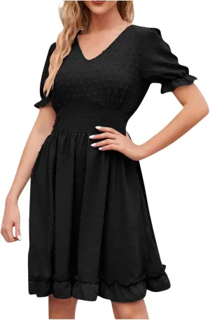 Women's V Neck Casual Vacation Dress Puff Short Sleeve Swiss Dot Swing Ruffle A-Line Mini Beach Summer Dresses 2025
