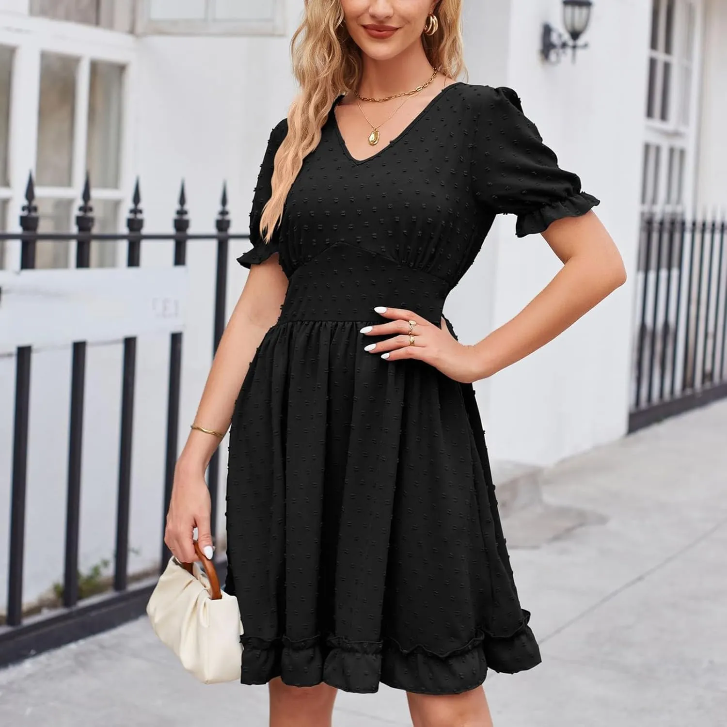 Women's V Neck Casual Vacation Dress Puff Short Sleeve Swiss Dot Swing Ruffle A-Line Mini Beach Summer Dresses 2025