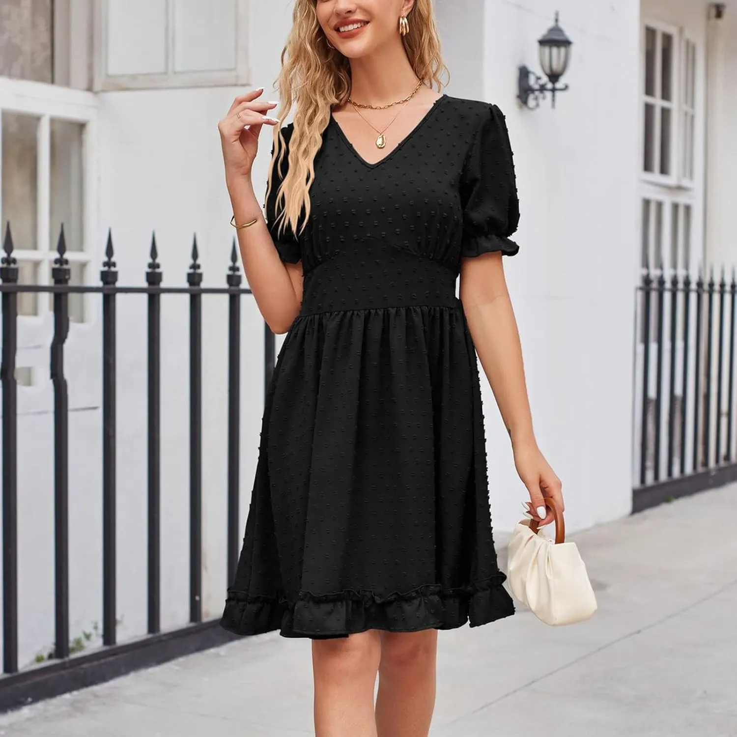 Women's V Neck Casual Vacation Dress Puff Short Sleeve Swiss Dot Swing Ruffle A-Line Mini Beach Summer Dresses 2025