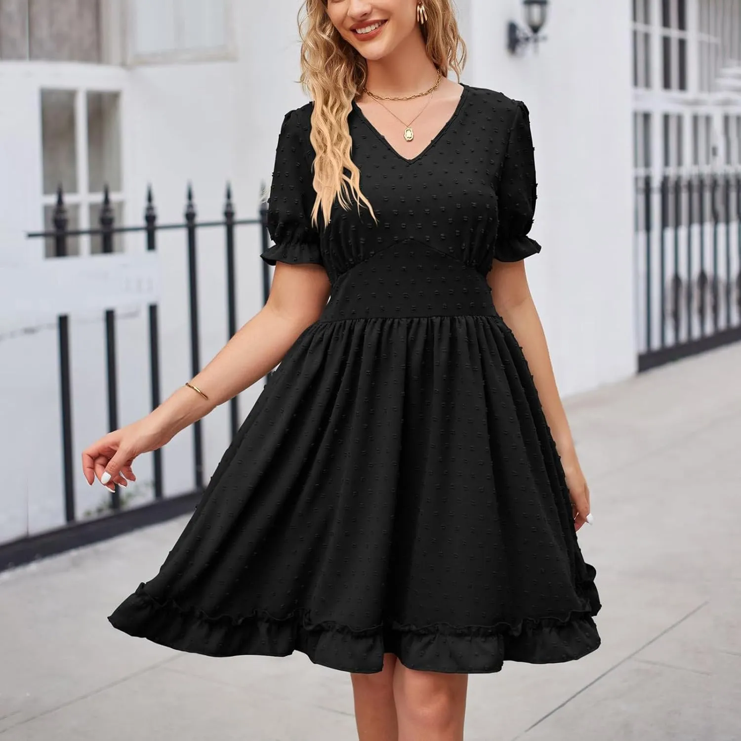 Women's V Neck Casual Vacation Dress Puff Short Sleeve Swiss Dot Swing Ruffle A-Line Mini Beach Summer Dresses 2025