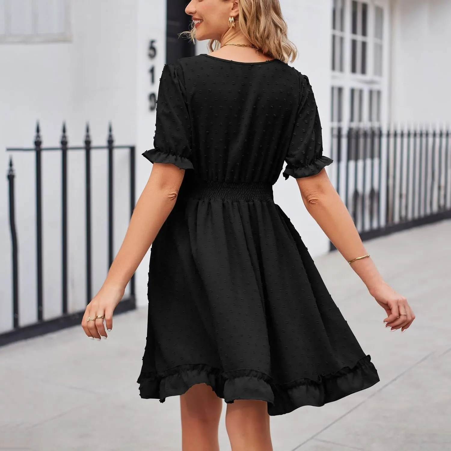 Women's V Neck Casual Vacation Dress Puff Short Sleeve Swiss Dot Swing Ruffle A-Line Mini Beach Summer Dresses 2025