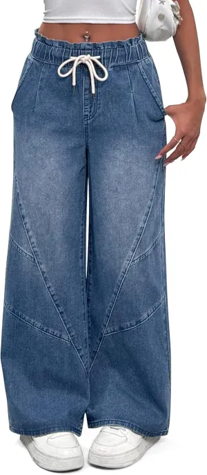 Women's Wide Leg Baggy Jeans Elastic High Waist Barrel Jean Loose Boyfriend Denim Pants with Drawstring