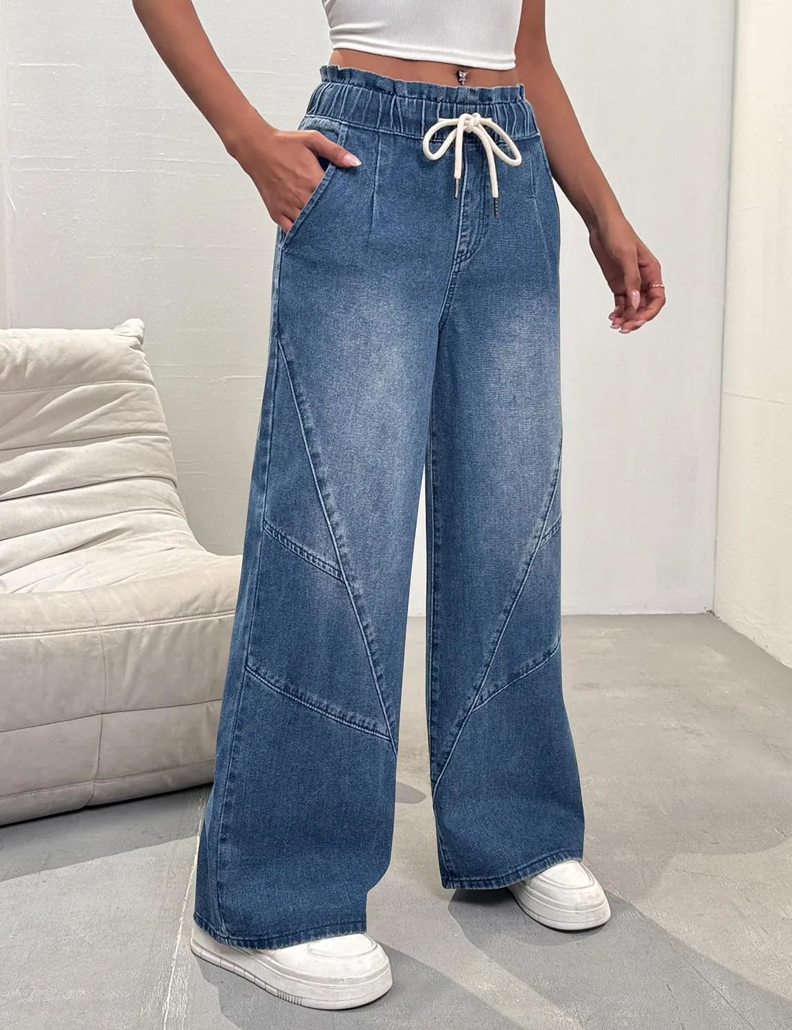 Women's Wide Leg Baggy Jeans Elastic High Waist Barrel Jean Loose Boyfriend Denim Pants with Drawstring