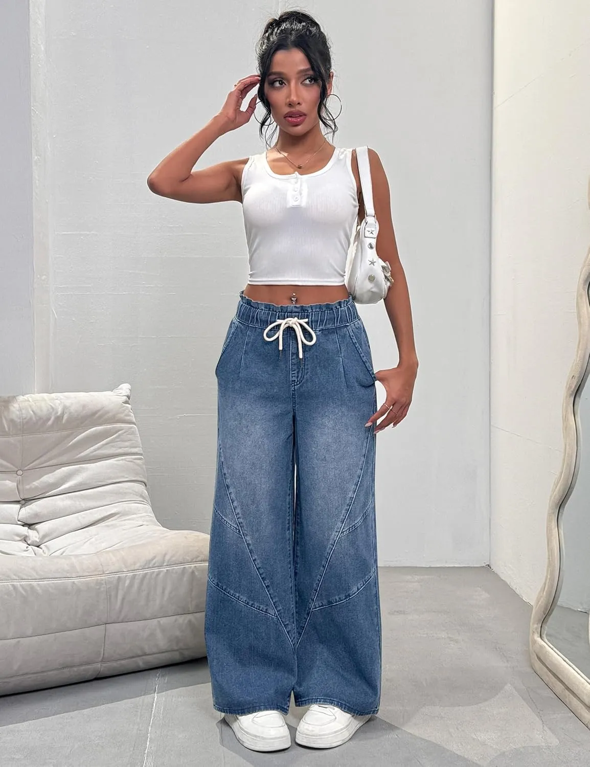 Women's Wide Leg Baggy Jeans Elastic High Waist Barrel Jean Loose Boyfriend Denim Pants with Drawstring