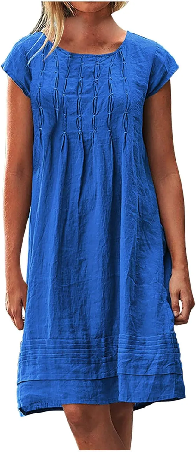 XUNRYAN Summer Dresses for Women 2024 Casual Short Sleeve Cotton Linen Midi Dress Knee Length High Waist Loose Beach Sundress