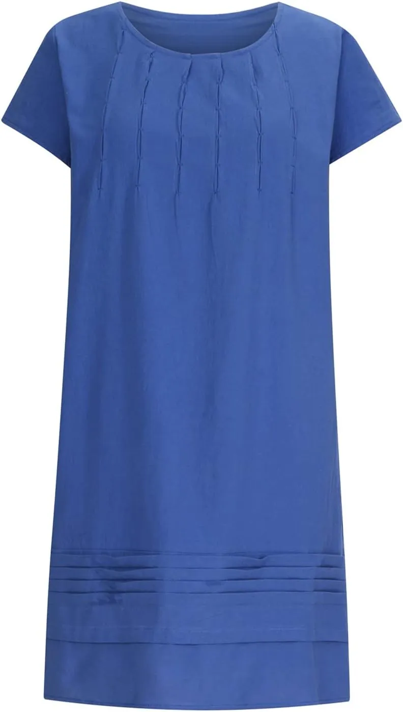 XUNRYAN Summer Dresses for Women 2024 Casual Short Sleeve Cotton Linen Midi Dress Knee Length High Waist Loose Beach Sundress
