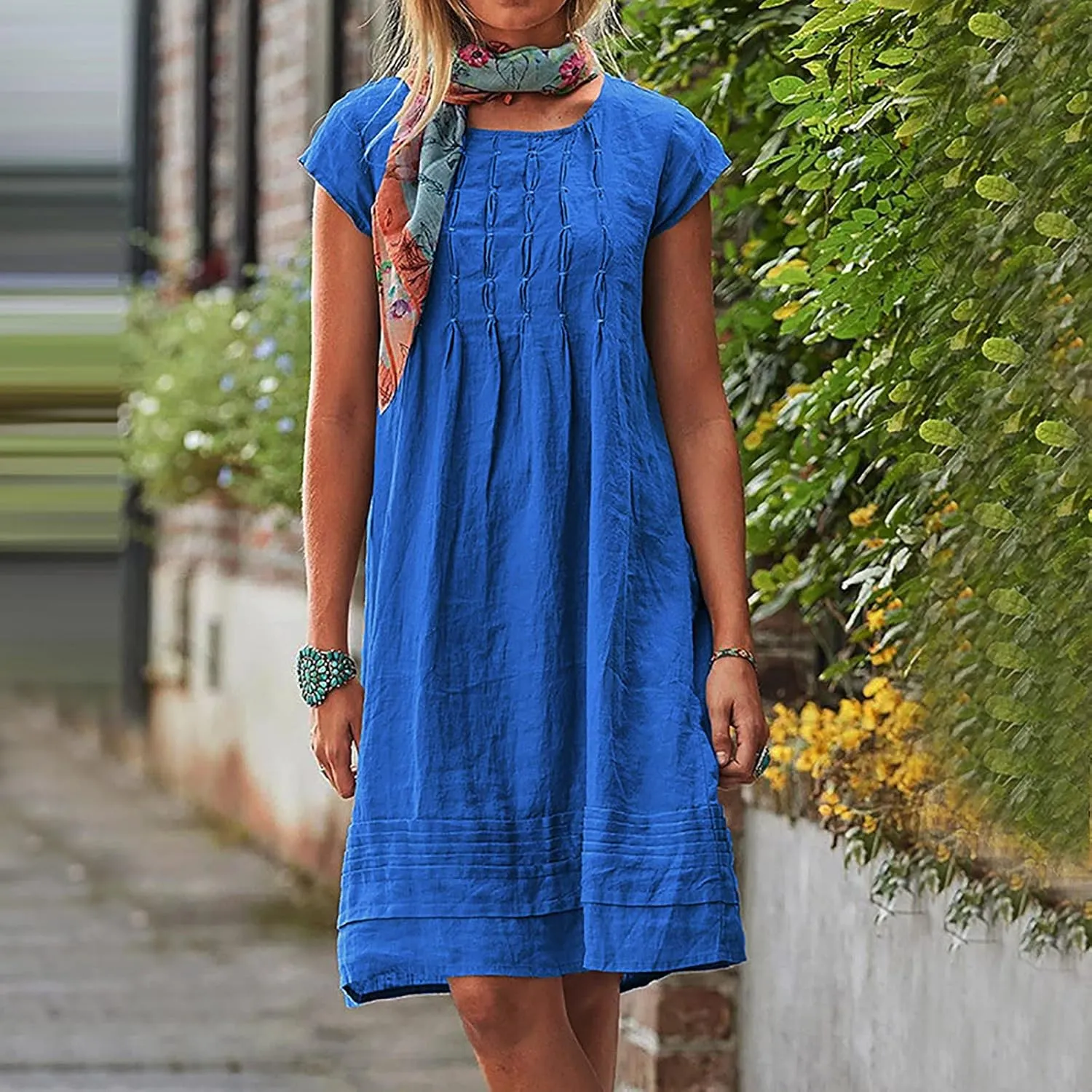XUNRYAN Summer Dresses for Women 2024 Casual Short Sleeve Cotton Linen Midi Dress Knee Length High Waist Loose Beach Sundress