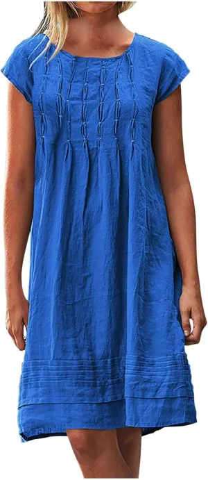 XUNRYAN Summer Dresses for Women 2024 Casual Short Sleeve Cotton Linen Midi Dress Knee Length High Waist Loose Beach Sundress