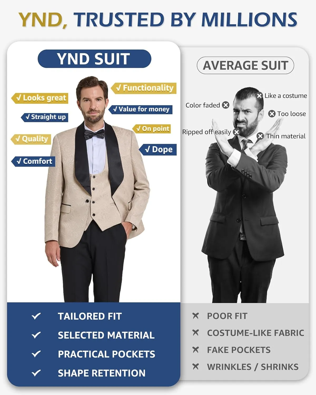 YND Men's 3 Piece Slim Fit Tuxedo Set, Solid Shawl Collar Jacquard Jacket Vest Button Pants