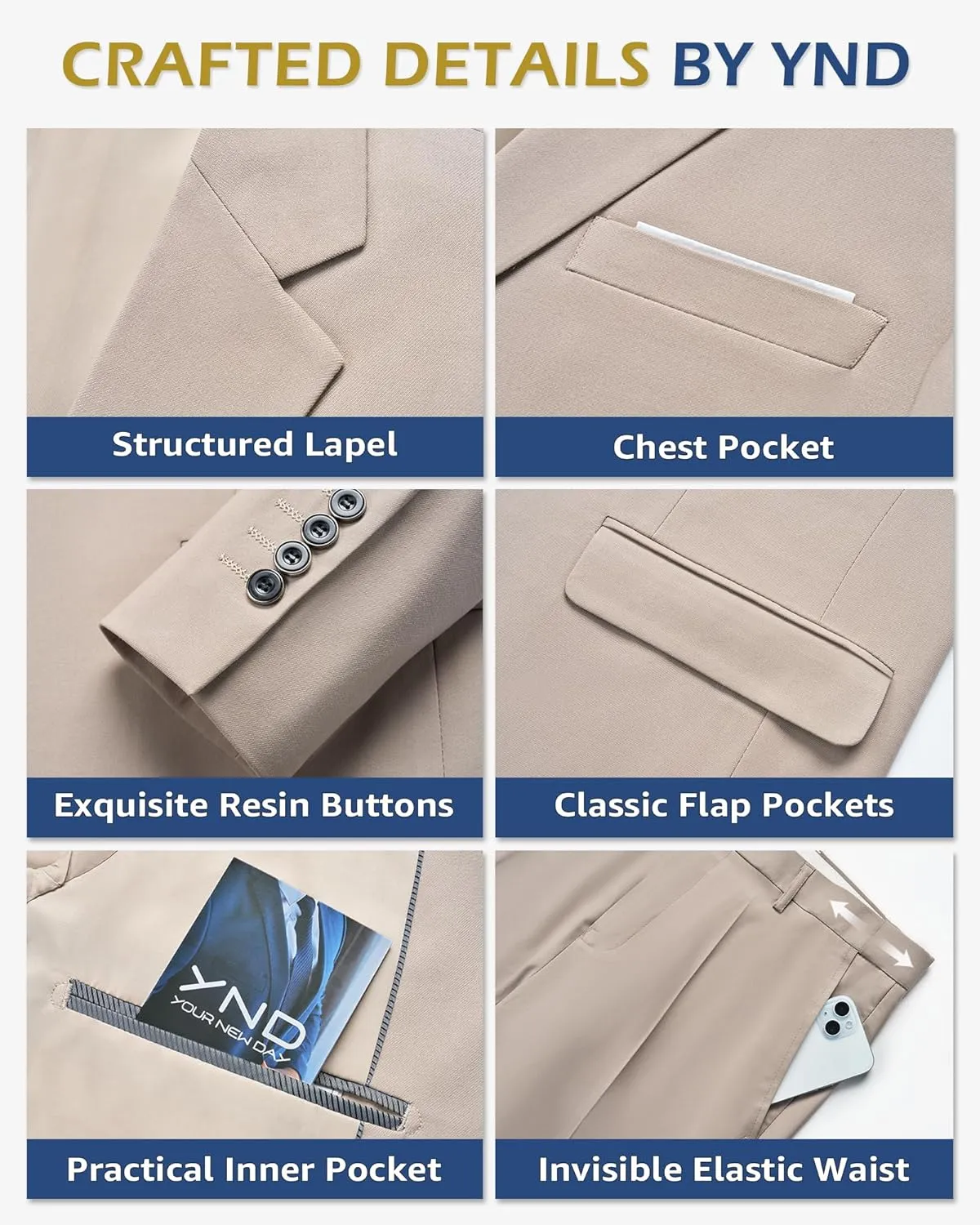 YND Men's 3 Piece Slim Fit Tuxedo Set, Solid Shawl Collar Jacquard Jacket Vest Button Pants