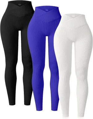 YOAKUKA 3 Piece Yoga Leggings Women's Ribbed Seamless High Waist Cross Over Workout Leggings Gym Athletic Pants