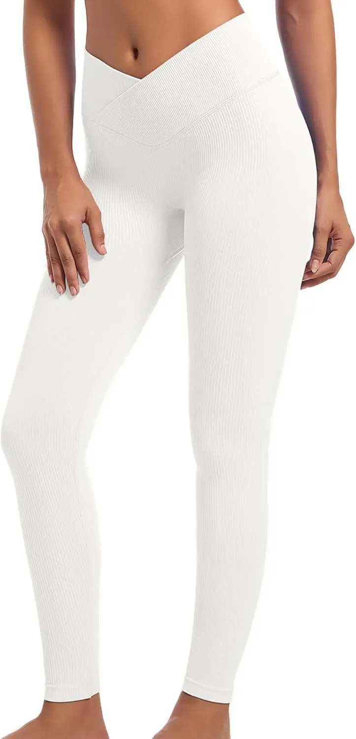 YOAKUKA 3 Piece Yoga Leggings Women's Ribbed Seamless High Waist Cross Over Workout Leggings Gym Athletic Pants