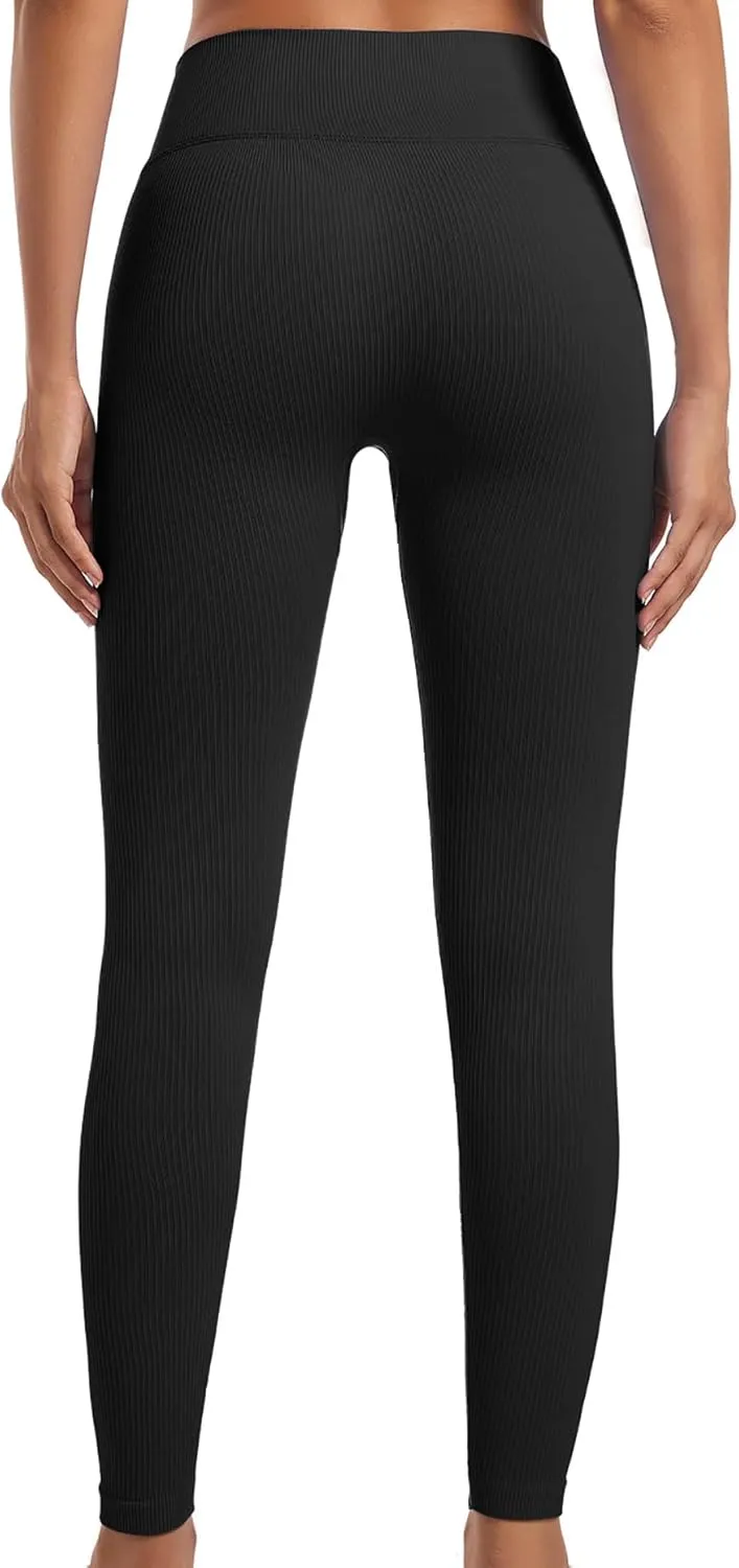 YOAKUKA 3 Piece Yoga Leggings Women's Ribbed Seamless High Waist Cross Over Workout Leggings Gym Athletic Pants