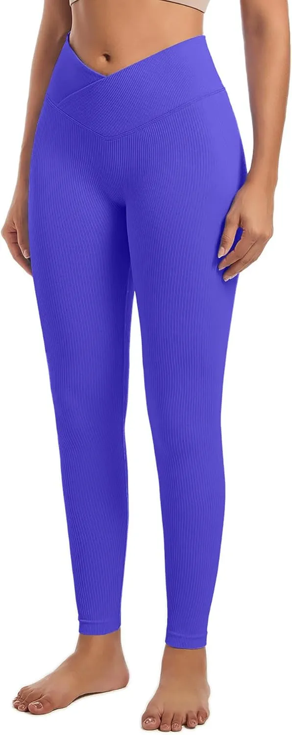 YOAKUKA 3 Piece Yoga Leggings Women's Ribbed Seamless High Waist Cross Over Workout Leggings Gym Athletic Pants