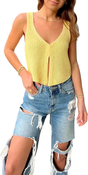 Yoawdats Women Simple Solid Color Knit Vest Sleeveless Hollow Out Button Down V Neck Crochet Vintage Crop Top Streetwear