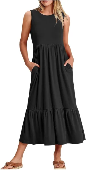 ZDRZK Sundresses for Women 2024 Crewneck Casual Flowy Beach Maxi Dress Sleeveless Tiered Summer Tank Dresses with Pockets