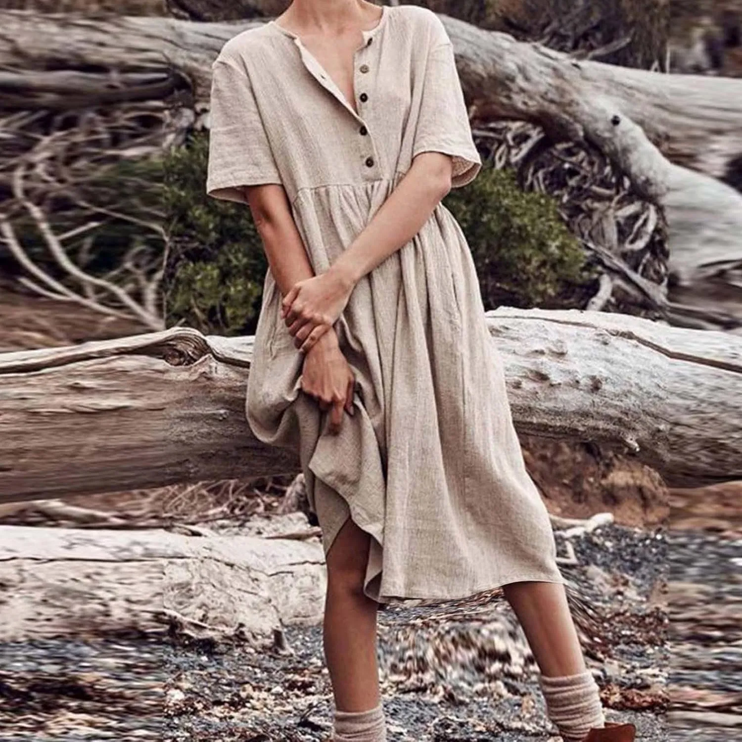 ZDRZK Women Summer Dresses with Plus Size Short Sleeve Button Down Sundresses Casual Pleated Cotton Linen Pocketed Dress