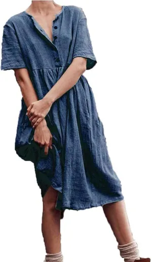 ZDRZK Women Summer Dresses with Plus Size Short Sleeve Button Down Sundresses Casual Pleated Cotton Linen Pocketed Dress