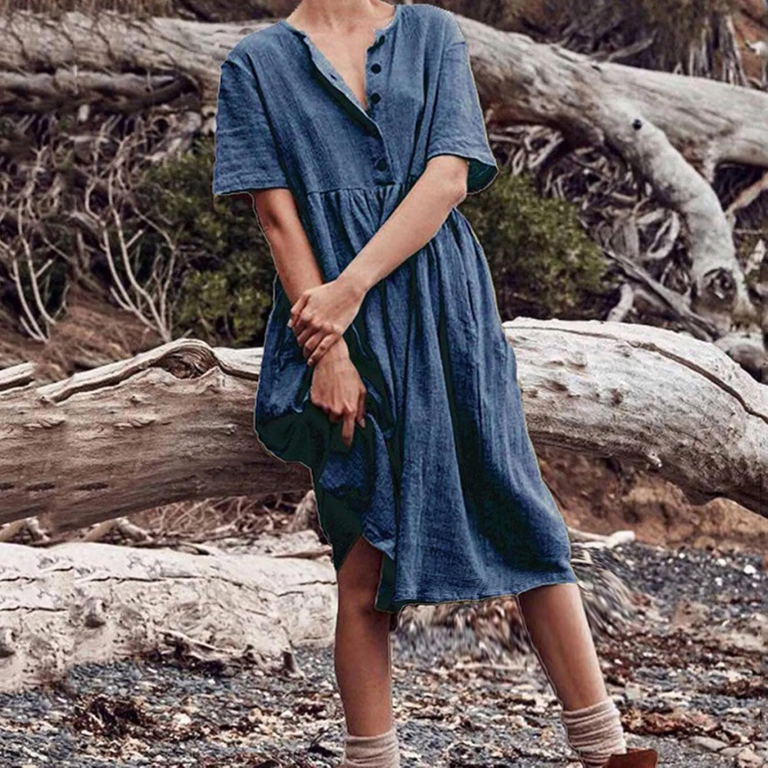 ZDRZK Women Summer Dresses with Plus Size Short Sleeve Button Down Sundresses Casual Pleated Cotton Linen Pocketed Dress