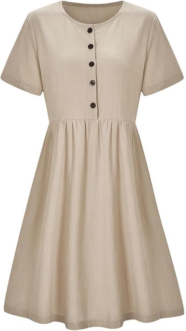 ZDRZK Women Summer Dresses with Plus Size Short Sleeve Button Down Sundresses Casual Pleated Cotton Linen Pocketed Dress