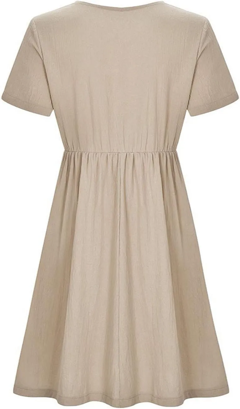 ZDRZK Women Summer Dresses with Plus Size Short Sleeve Button Down Sundresses Casual Pleated Cotton Linen Pocketed Dress
