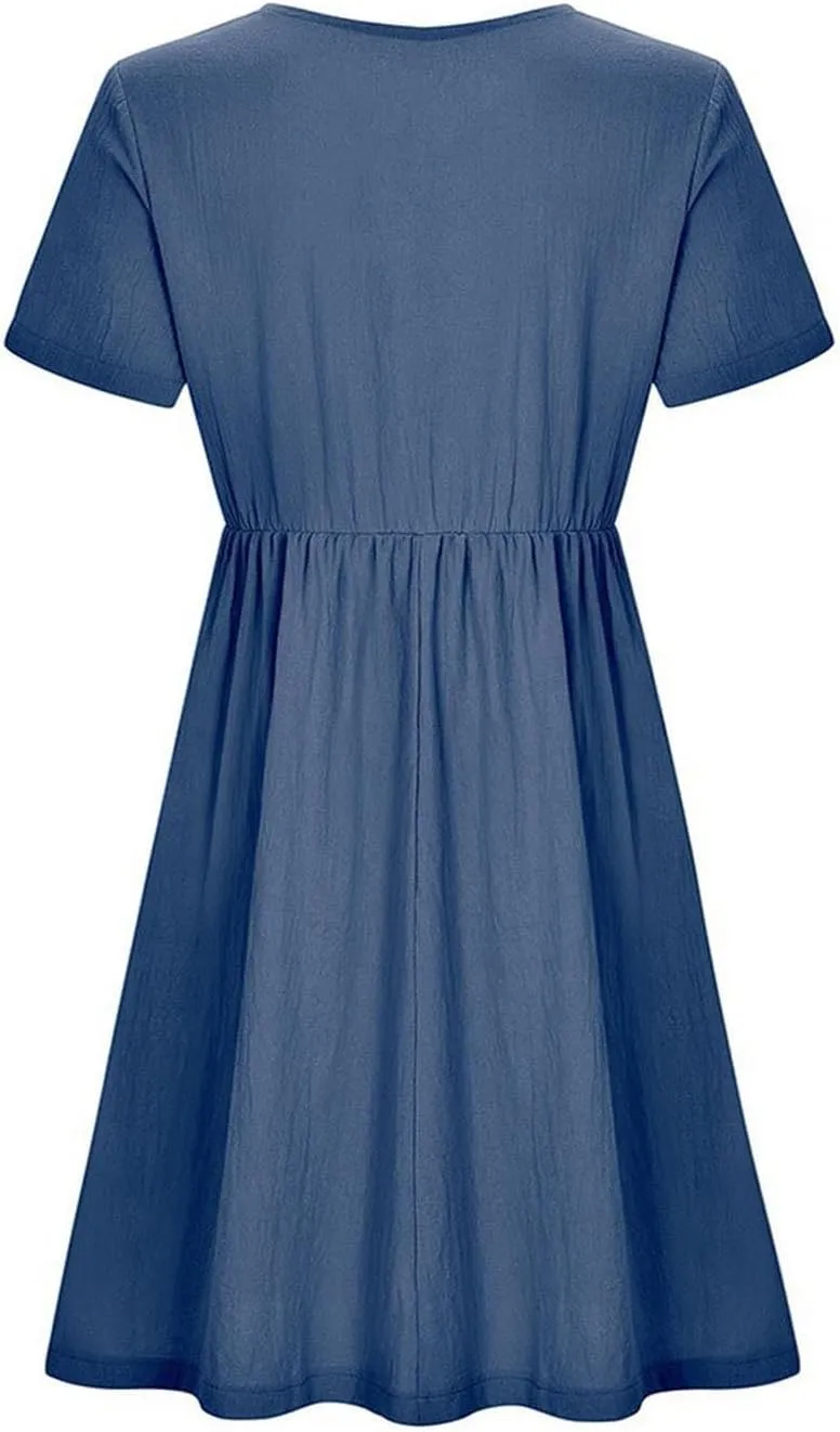 ZDRZK Women Summer Dresses with Plus Size Short Sleeve Button Down Sundresses Casual Pleated Cotton Linen Pocketed Dress