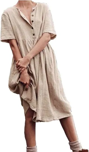 ZDRZK Women Summer Dresses with Plus Size Short Sleeve Button Down Sundresses Casual Pleated Cotton Linen Pocketed Dress