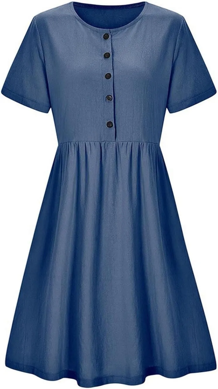 ZDRZK Women Summer Dresses with Plus Size Short Sleeve Button Down Sundresses Casual Pleated Cotton Linen Pocketed Dress